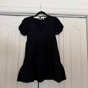 Black V-Neck Puff Sleeve Mini Dress – Tiered Babydoll Style